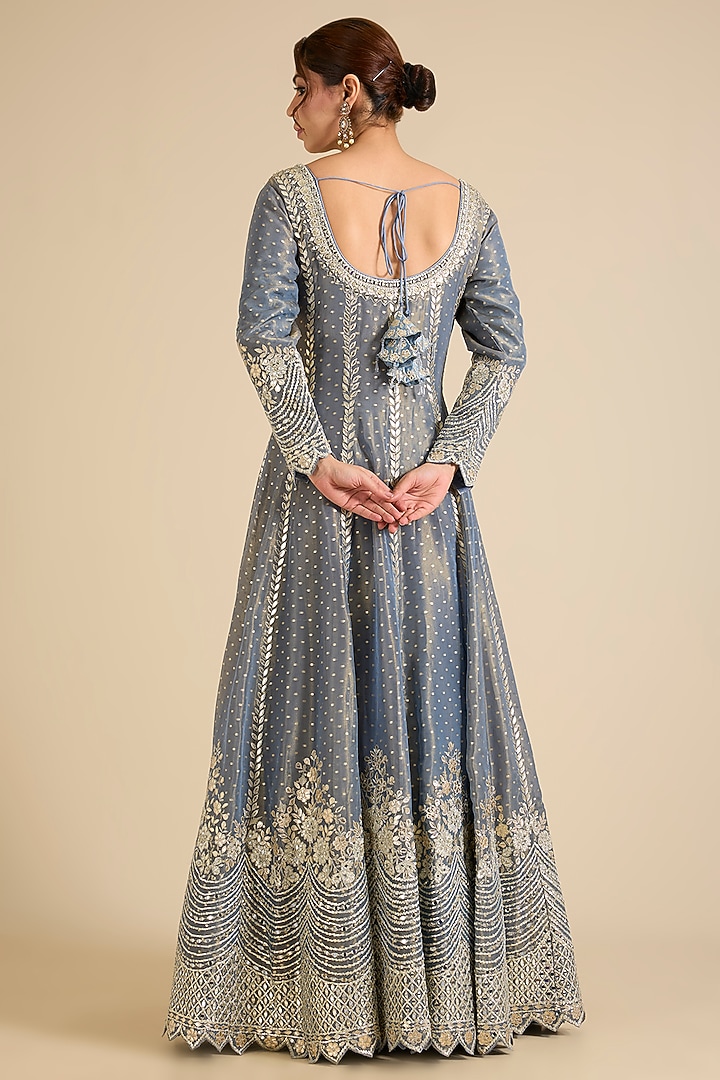 Steel Grey Tissue Wedding Anarkali Set by Suhino at Pernia's Pop Up Shop