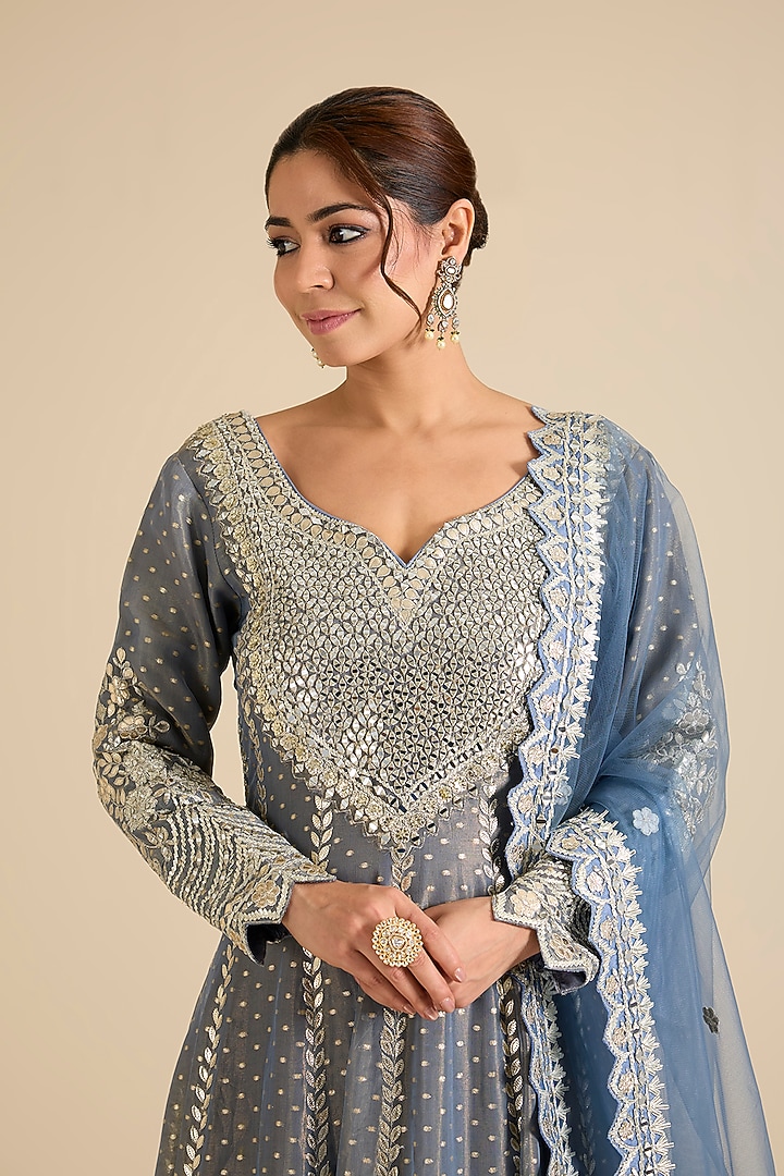 Steel Grey Tissue Wedding Anarkali Set by Suhino at Pernia's Pop Up Shop