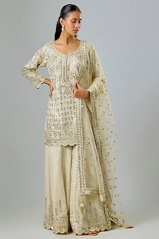 Ivory Tissue Zari Embroidered Sharara Set by Suhino