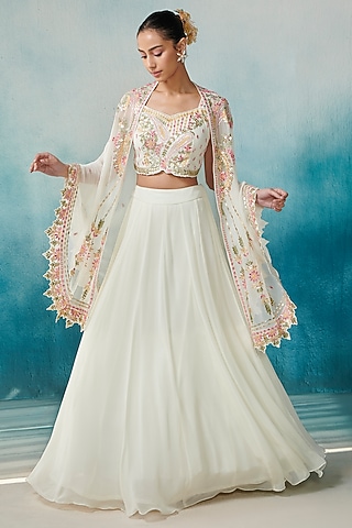 Off-White Georgette Embroidered Cape Set by Suhino