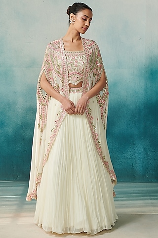 Off-White Georgette Embroidered Cape Set by Suhino