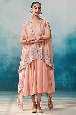 Peach Georgette Flared Midi Dress With Jacket by Suhino