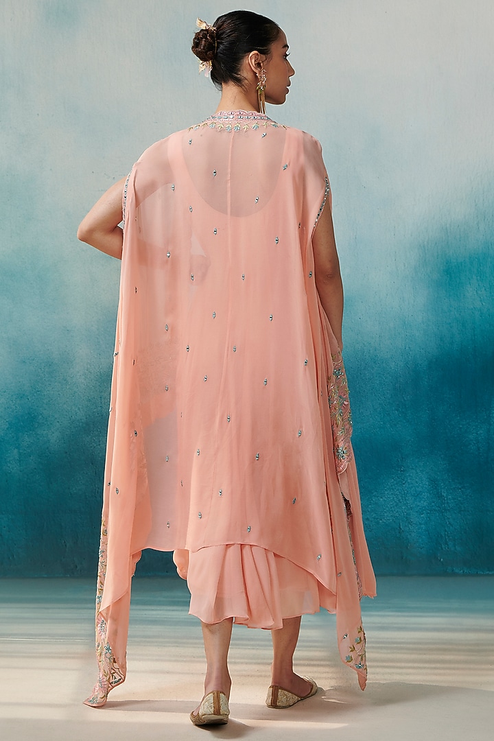 Peach Georgette Flared Midi Vacation Dress With Jacket by Suhino at Pernia's Pop Up Shop