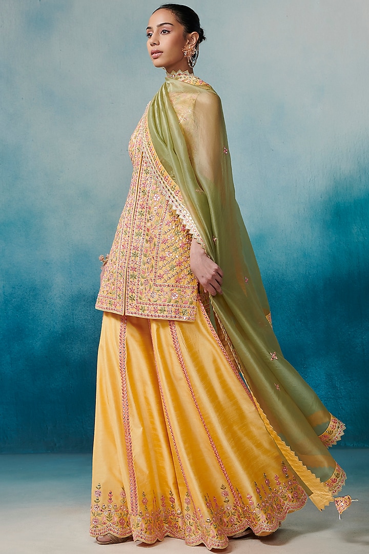 Yellow Georgette Embroidered Gharara Set by Suhino