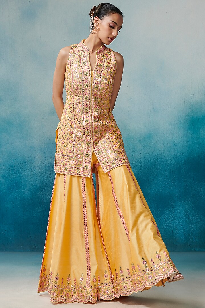 Yellow Georgette Embroidered Gharara Set by Suhino at Pernia's Pop Up Shop