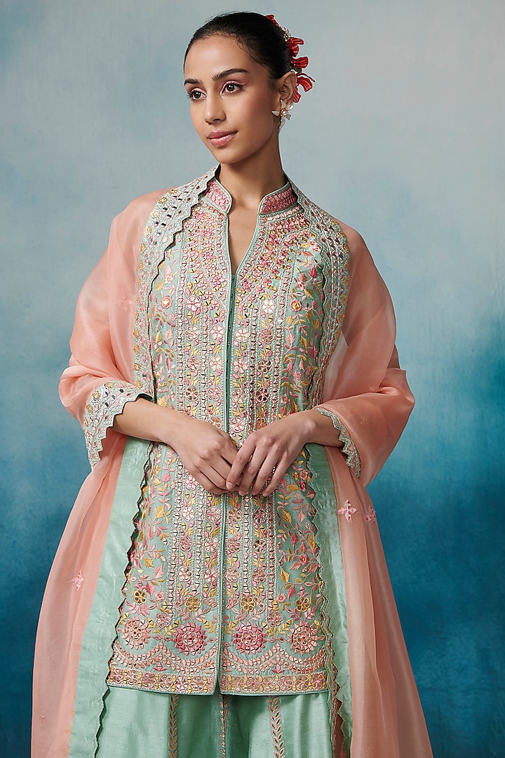 Aqua Slub Silk Embroidered Gharara Set by Suhino at Pernia's Pop Up Shop