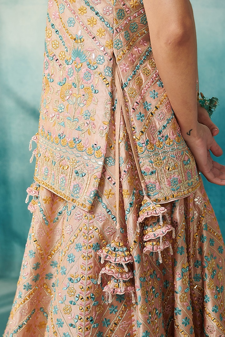 Peach Slub Silk Embroidered Jacket Wedding Lehenga Set by Suhino at Pernia's Pop Up Shop