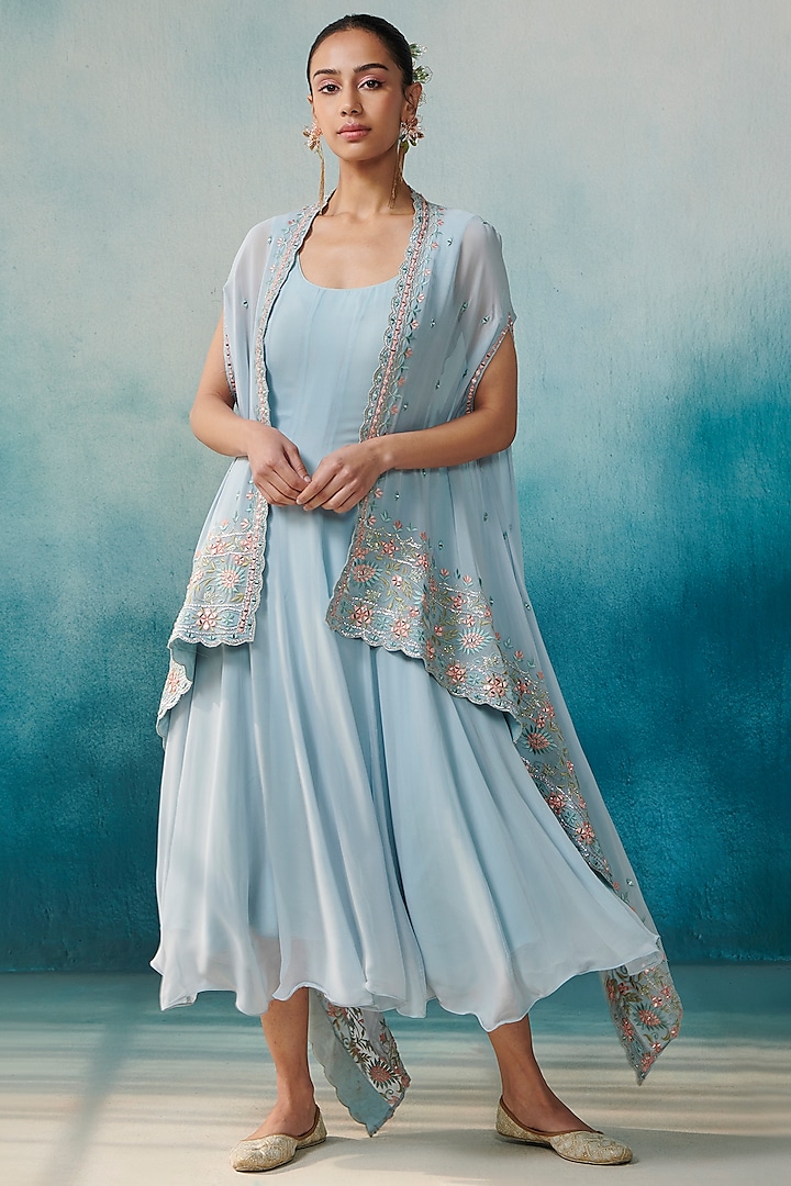 Blue Georgette Embroidered Jacket Dress by Suhino