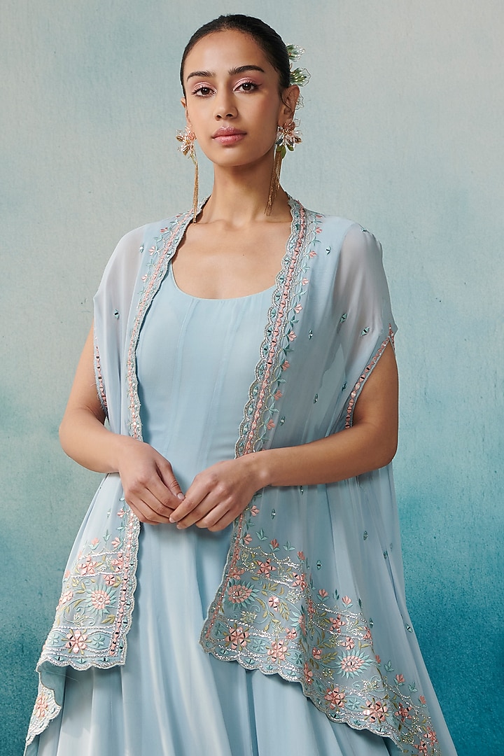 Blue Georgette Midi Vacation Dress With Cape by Suhino at Pernia's Pop Up Shop