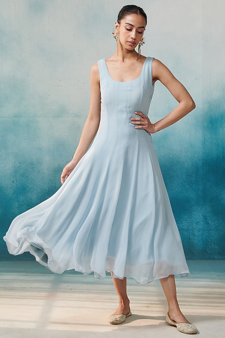 Blue Georgette Midi Vacation Dress With Cape by Suhino at Pernia's Pop Up Shop
