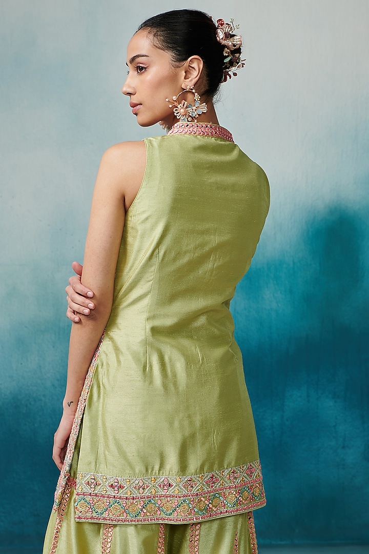Green Slub Silk Embroidered Gharara Set by Suhino at Pernia's Pop Up Shop