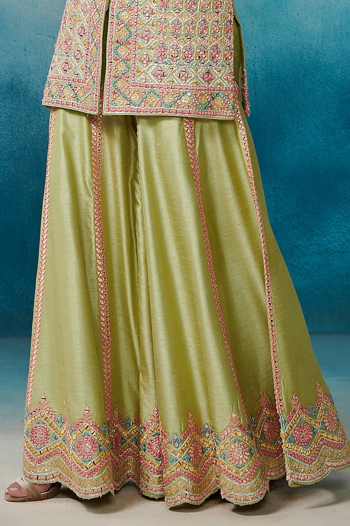 Green Slub Silk Embroidered Gharara Set by Suhino at Pernia's Pop Up Shop