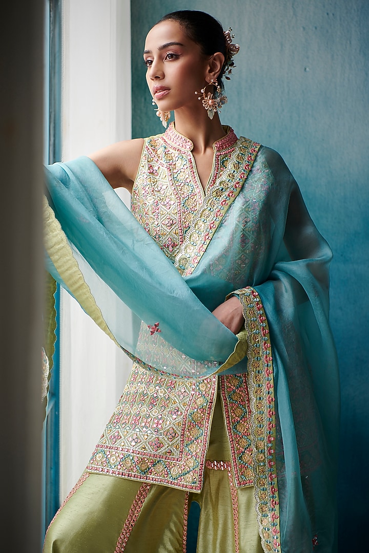 Green Slub Silk Embroidered Gharara Set by Suhino at Pernia's Pop Up Shop