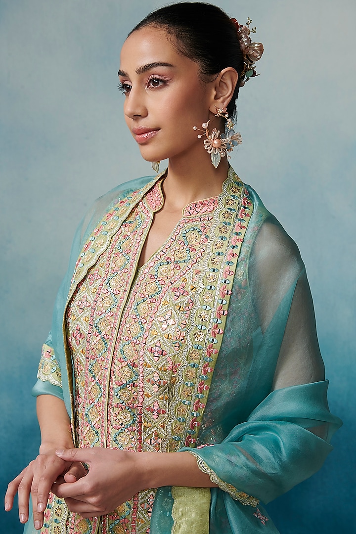 Green Slub Silk Embroidered Gharara Set by Suhino at Pernia's Pop Up Shop