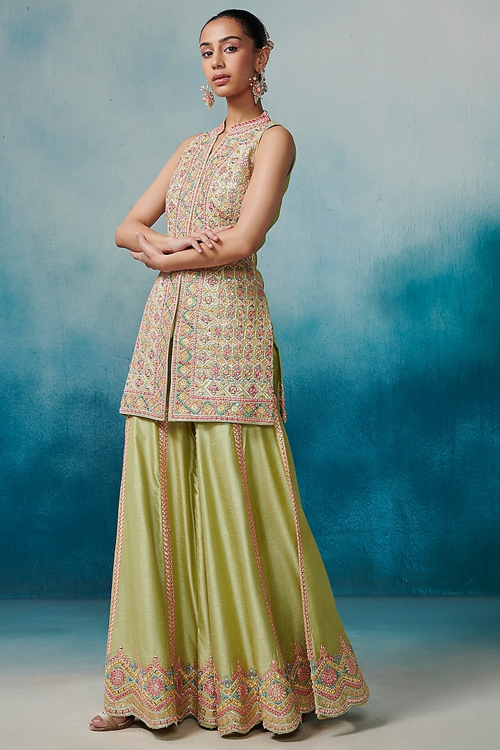 Green Slub Silk Embroidered Gharara Set by Suhino at Pernia's Pop Up Shop