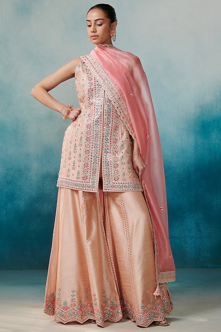 Peach Slub Silk Embroidered Gharara Set by Suhino