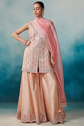 Peach Slub Silk Embroidered Gharara Set by Suhino