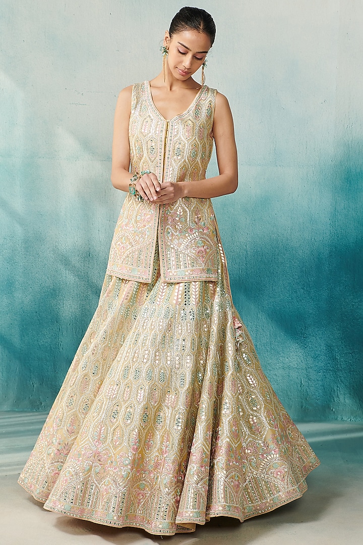 Lemon Yellow Slub Silk Embroidered Jacket Wedding Lehenga Set by Suhino at Pernia's Pop Up Shop