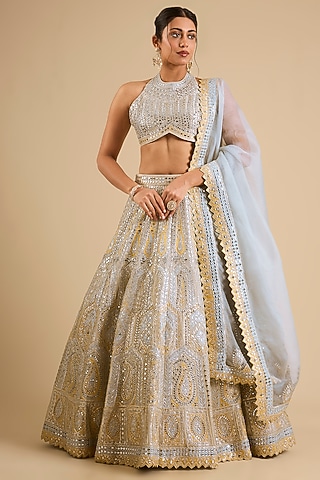Ivory Tissue Mirror Work Lehenga Set by Suhino