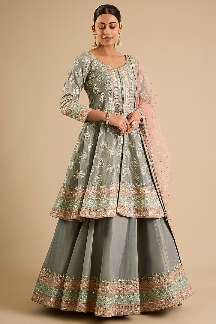 Grey Tissue Mirror Work Wedding Anarkali Set by Suhino at Pernia's Pop Up Shop