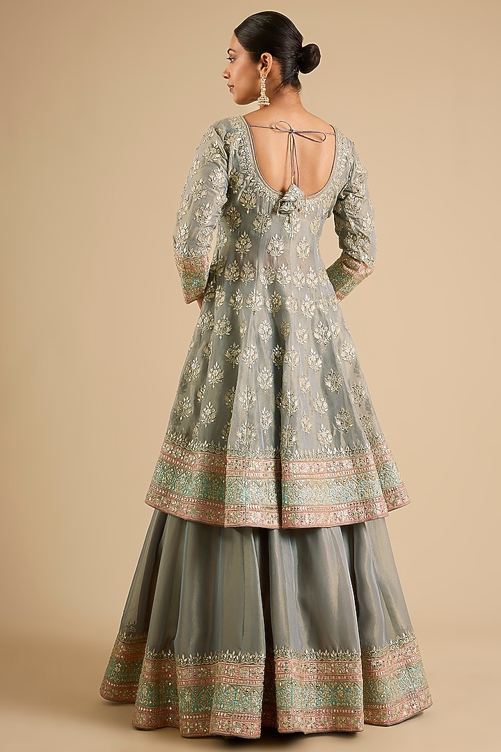 Grey Tissue Mirror Work Wedding Anarkali Set by Suhino at Pernia's Pop Up Shop