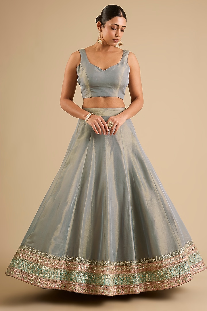 Grey Tissue Mirror Work Wedding Anarkali Set by Suhino at Pernia's Pop Up Shop