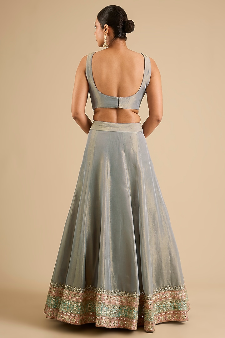 Grey Tissue Mirror Work Wedding Anarkali Set by Suhino at Pernia's Pop Up Shop
