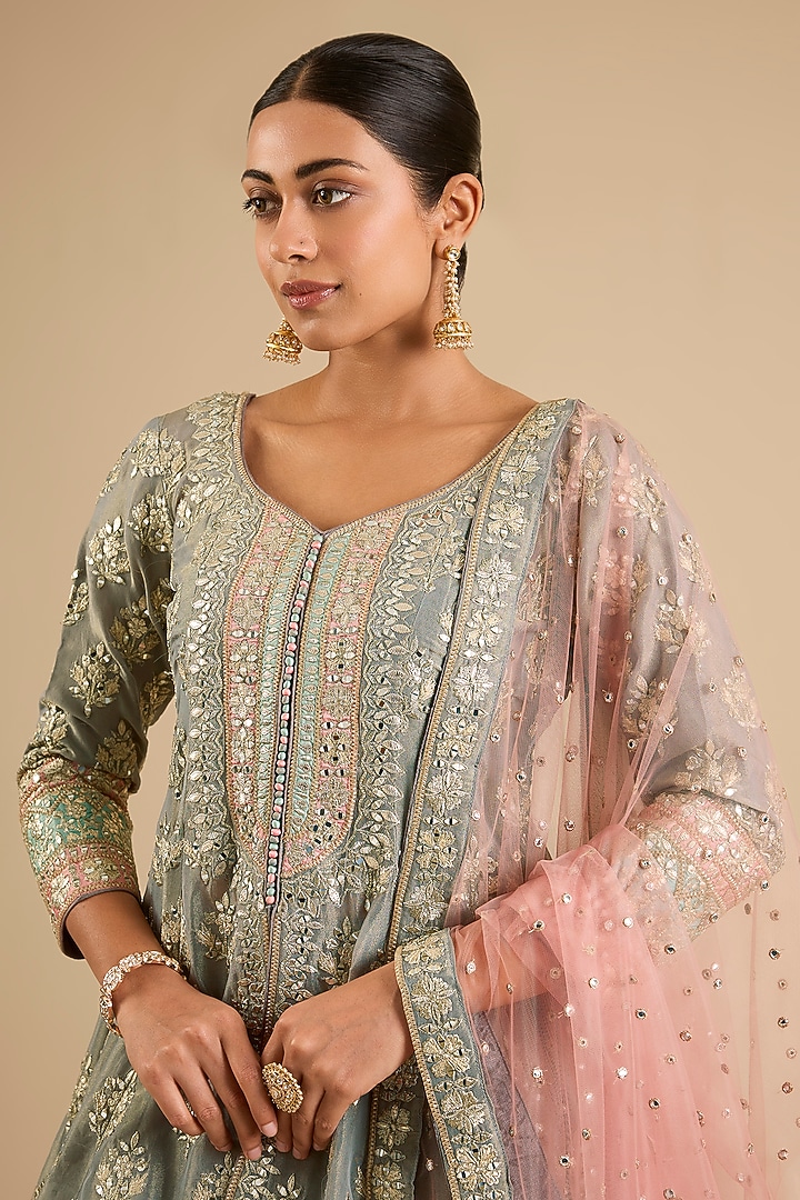 Grey Tissue Mirror Work Wedding Anarkali Set by Suhino at Pernia's Pop Up Shop