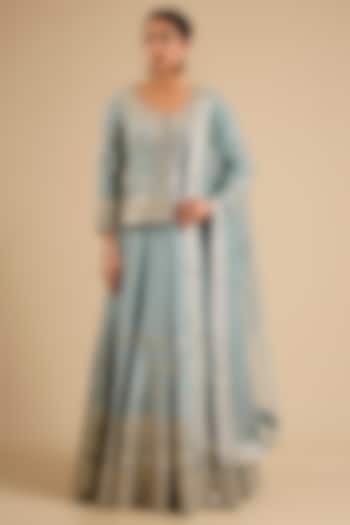 Blue Tissue Mirror Work Wedding Lehenga Set by Suhino at Pernia's Pop Up Shop