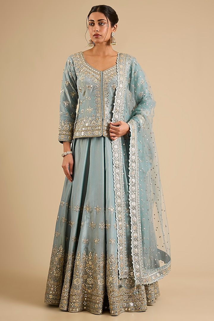 Blue Tissue Mirror Work Wedding Lehenga Set by Suhino at Pernia's Pop Up Shop