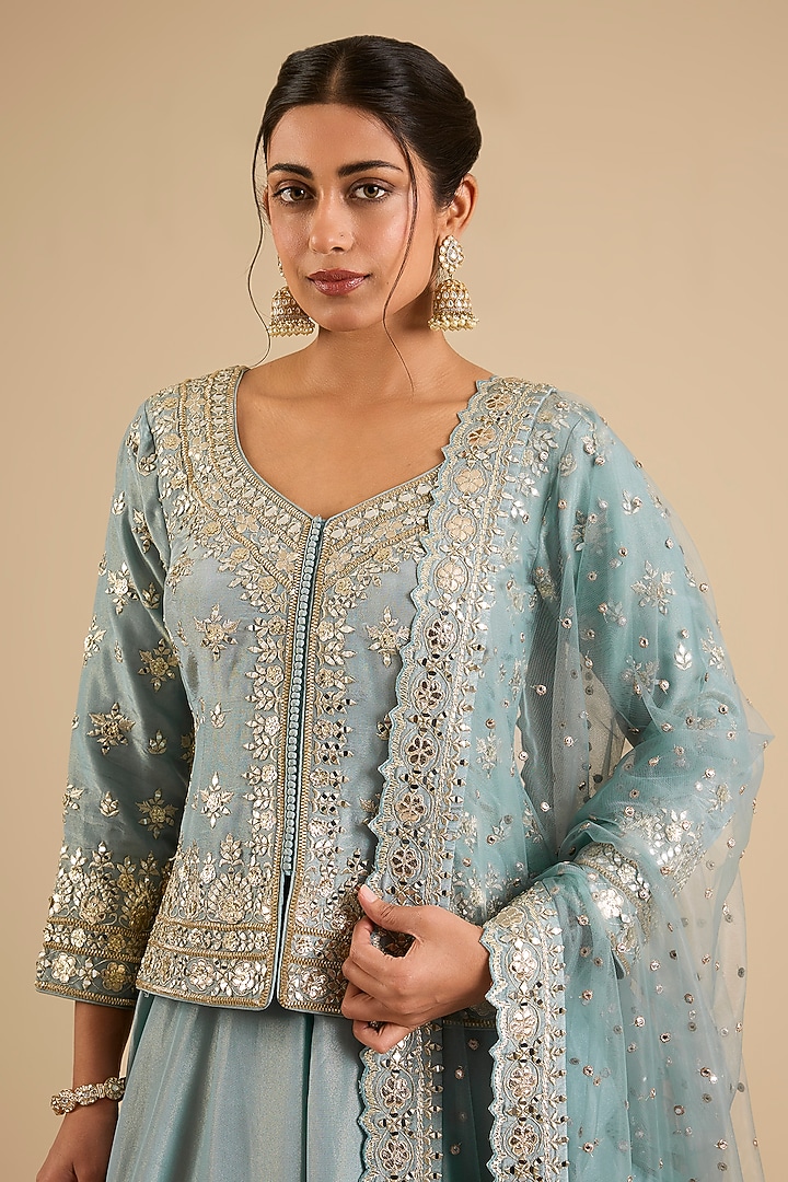 Blue Tissue Mirror Work Wedding Lehenga Set by Suhino at Pernia's Pop Up Shop