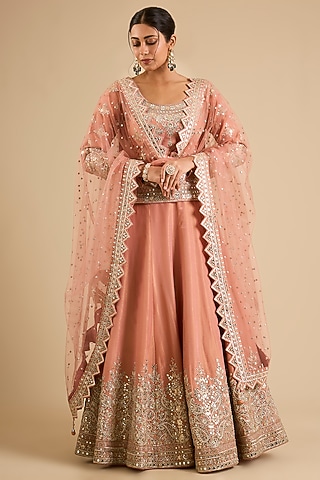 Dusty Orange Tissue Mirror Work Lehenga Set by Suhino