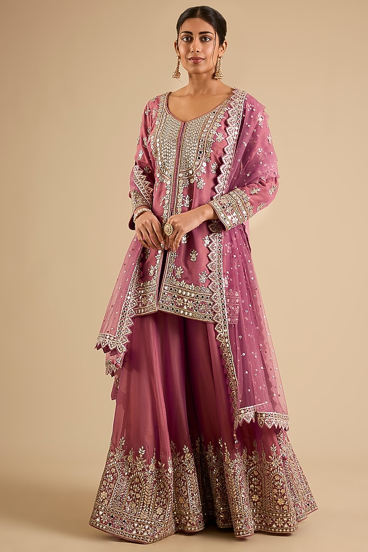 Coral Tissue Mirror Work Wedding Sharara Set by Suhino at Pernia's Pop Up Shop