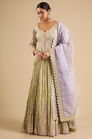 Green Tissue Mirror Work Lehenga Set by Suhino