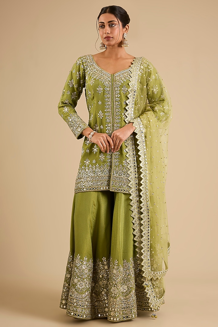 Green Tissue Mirror Work Wedding Sharara Set by Suhino at Pernia's Pop Up Shop