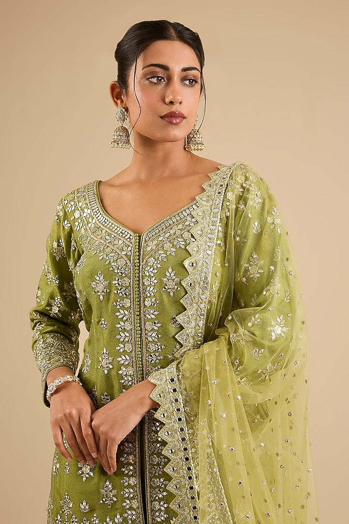 Green Tissue Mirror Work Wedding Sharara Set by Suhino at Pernia's Pop Up Shop