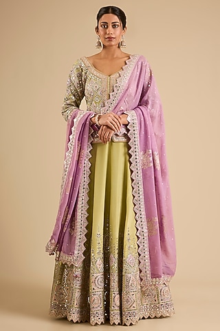Green Tissue Mirror Work Lehenga Set by Suhino
