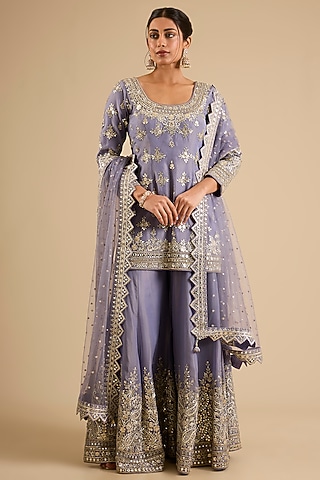Purple Tissue Mirror Work Sharara Set by Suhino