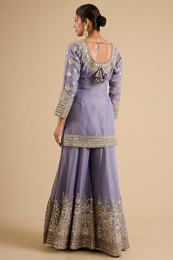 Purple Tissue Mirror Work Wedding Sharara Set by Suhino at Pernia's Pop Up Shop