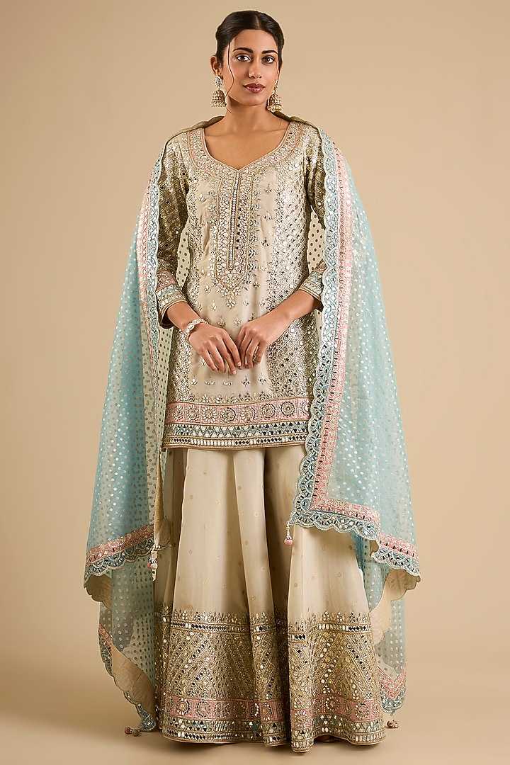 Ivory Tissue Mirror Work Wedding Sharara Set by Suhino at Pernia's Pop Up Shop