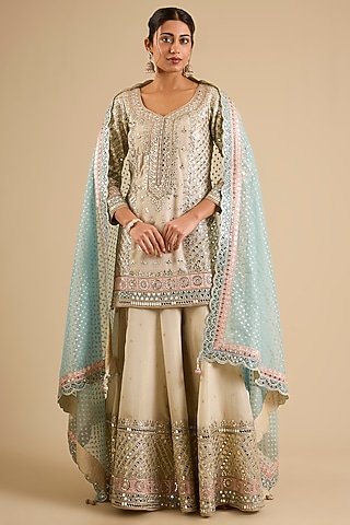 Ivory Tissue Mirror Work Sharara Set by Suhino