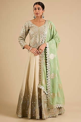 Ivory Tissue Mirror Work Lehenga Set by Suhino