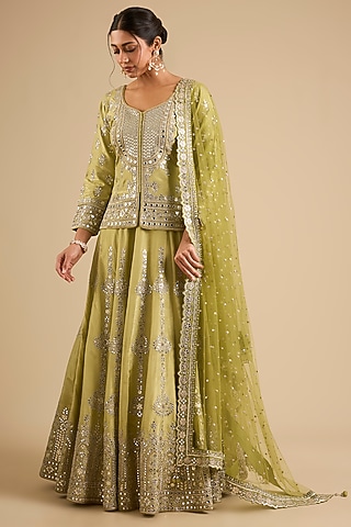Green Tissue Mirror Work Lehenga Set by Suhino