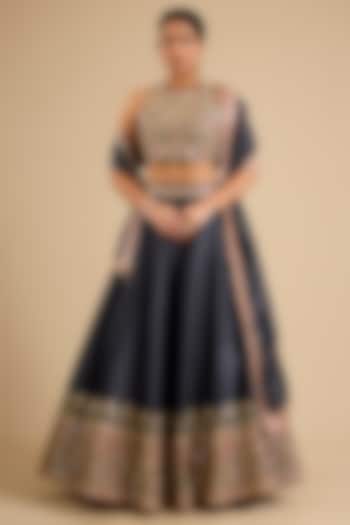 Grey Slub Mirror Work Wedding Lehenga Set by Suhino at Pernia's Pop Up Shop