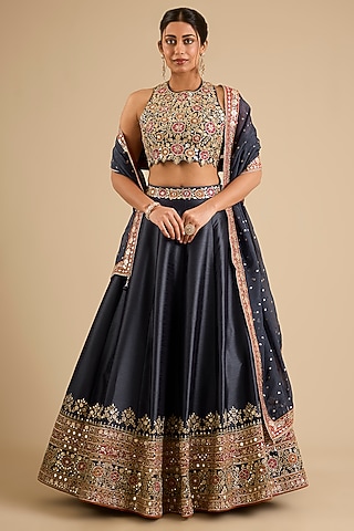 Grey Slub Mirror Work Lehenga Set by Suhino