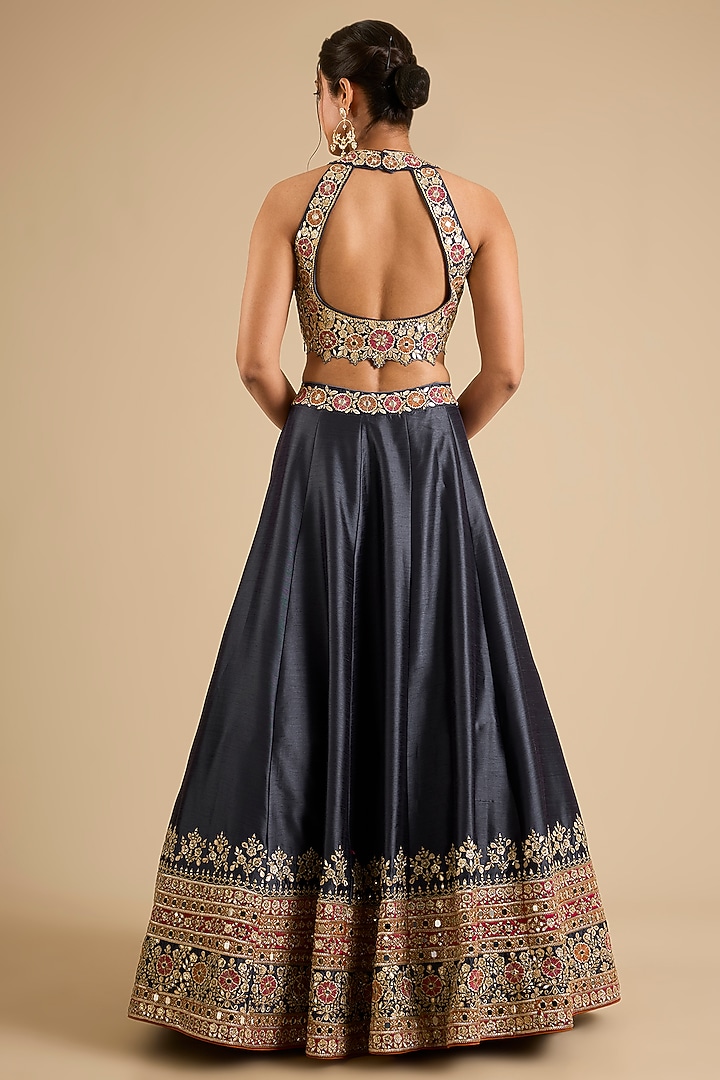 Grey Slub Mirror Work Wedding Lehenga Set by Suhino at Pernia's Pop Up Shop
