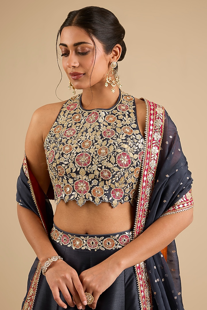 Grey Slub Mirror Work Wedding Lehenga Set by Suhino at Pernia's Pop Up Shop
