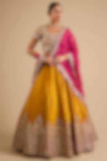 Yellow Slub Mirror Work Wedding Lehenga Set by Suhino at Pernia's Pop Up Shop