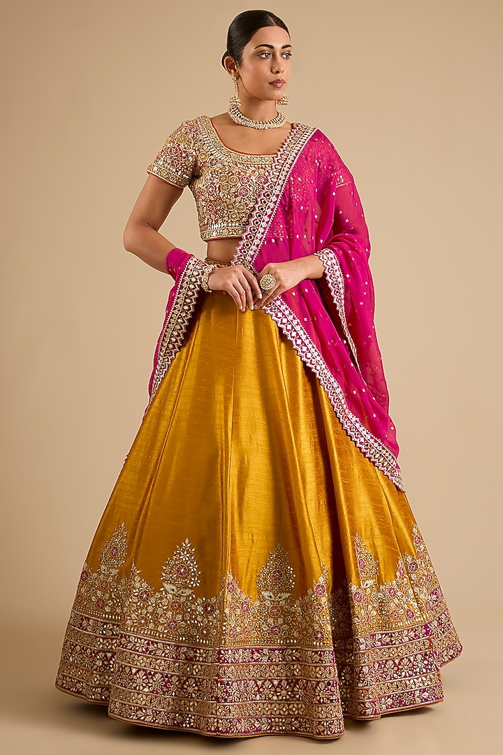Yellow Slub Mirror Work Wedding Lehenga Set by Suhino at Pernia's Pop Up Shop
