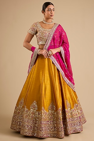 Yellow Slub Mirror Work Lehenga Set by Suhino